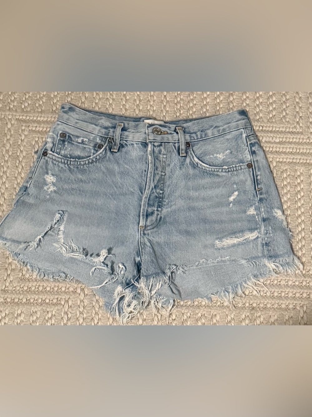Agolde Light Blue Distressed Denim Cutoff Shorts